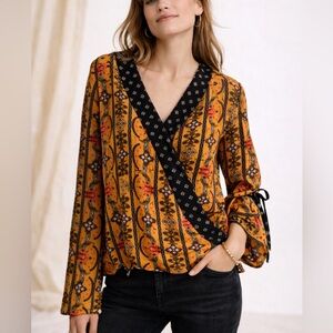 Skylar & Jade Mustard Black Floral Faux Wrap Boho Peasant Blouse Oversized Sml